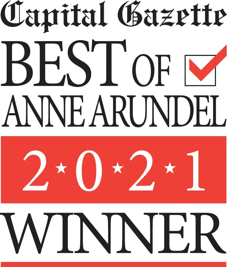 Logo of Capital Gazette Best of Anne Arundel 2021 Winner with black and red text and a red checkmark.