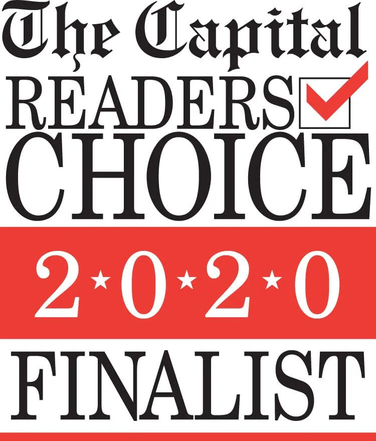Logo with black text reading "The Capital Readers Choice" with a red checkmark in a box, and "2020 Finalist" in white and black text on a red background.