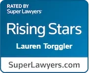 Blue and white badge displaying "Rising Stars" and "Lauren Torggler," rated by Super Lawyers.