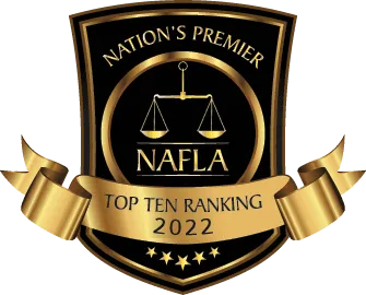 Gold and black shield emblem with scales of justice and "NAFLA Top Ten Ranking 2022" ribbon.