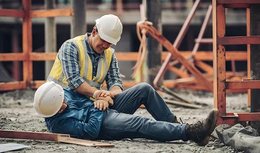 Two construction workers in safety helmets and vests, one assisting the other on the ground.