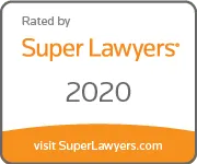 Logo image with text "Rated by Super Lawyers 2020" and website "visit SuperLawyers.com" in orange and gray colors.