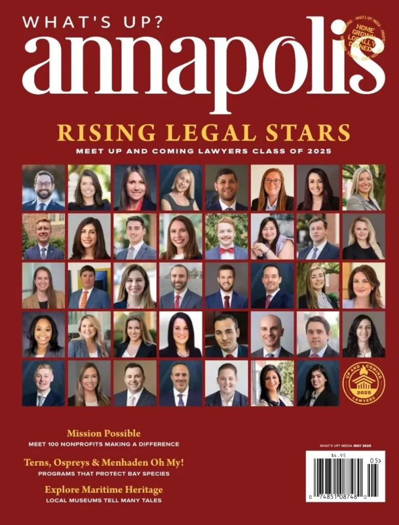 Magazine cover titled "What's Up? Annapolis" featuring portraits of 36 diverse young legal professionals, with the headline "Rising Legal Stars, Meet Up and Coming Lawyers Class of 2025.