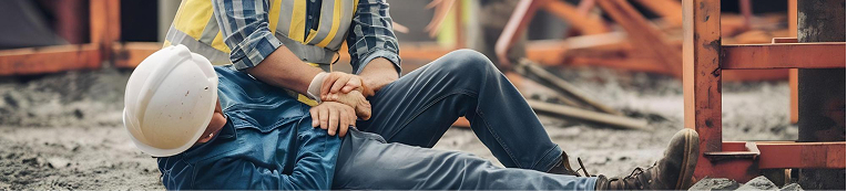 Construction worker in yellow safety vest assisting injured coworker wearing white helmet on ground.