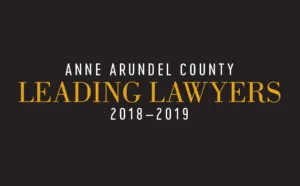 Text graphic reading "Anne Arundel County Leading Lawyers 2018–2019" on a black background.