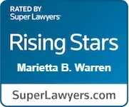 Blue and white badge displaying "Rising Stars" award for Marietta B. Warren by Super Lawyers.