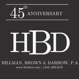 Black and white logo celebrating 45th anniversary of Hillman, Brown & Darrow, P.A. law firm.