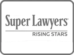 Logo with the text "Super Lawyers Rising Stars" in gray on a white background.