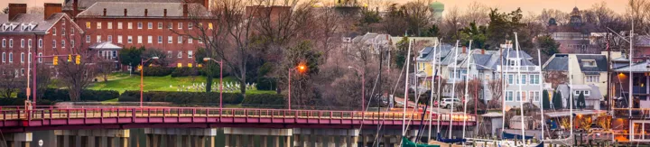 Panoramic view of a waterfront marina with boats, a red bridge, and residential buildings at sunset.