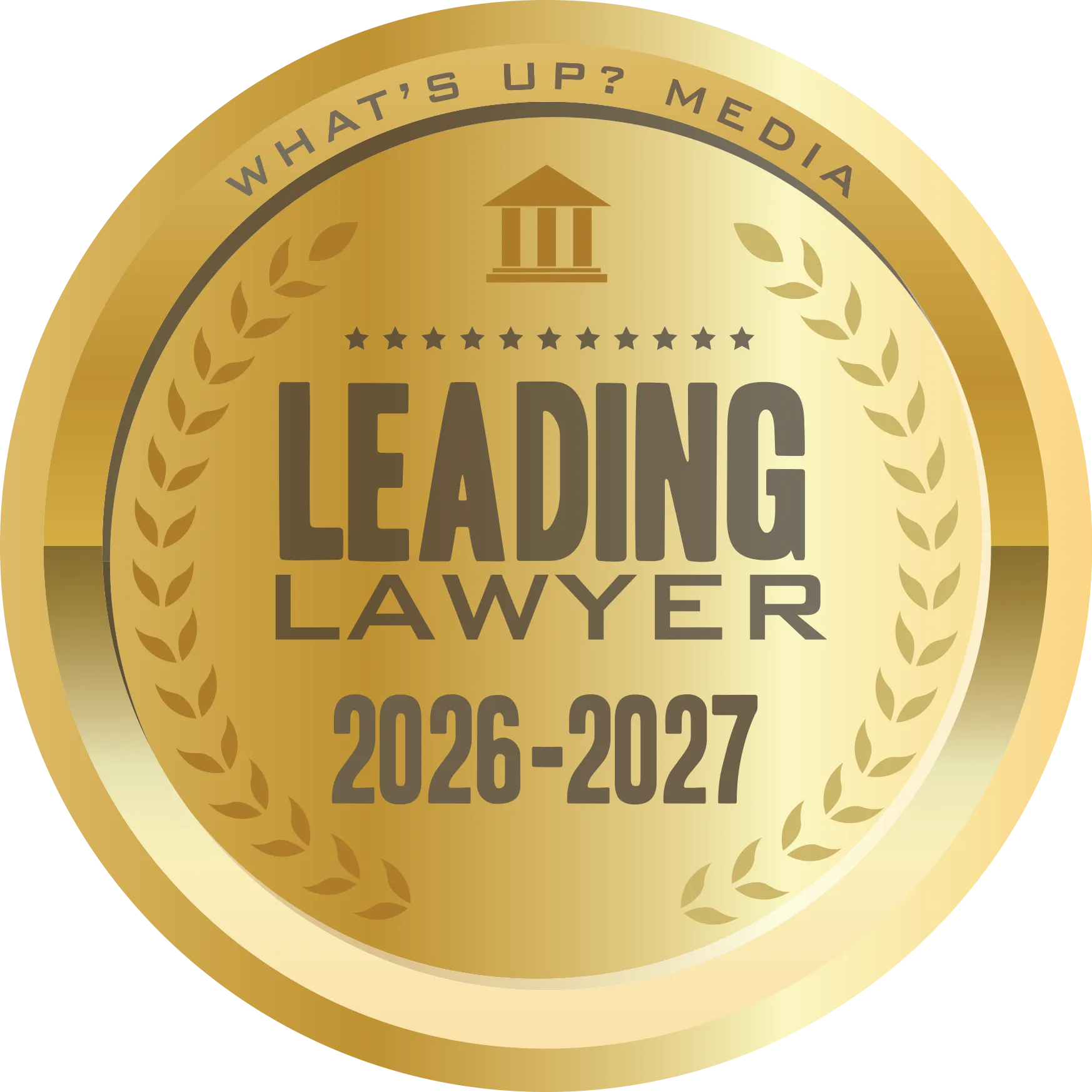 Gold circular badge with laurel wreath, text "Leading Lawyer 2026-2027," and "What's Up? Media" logo.